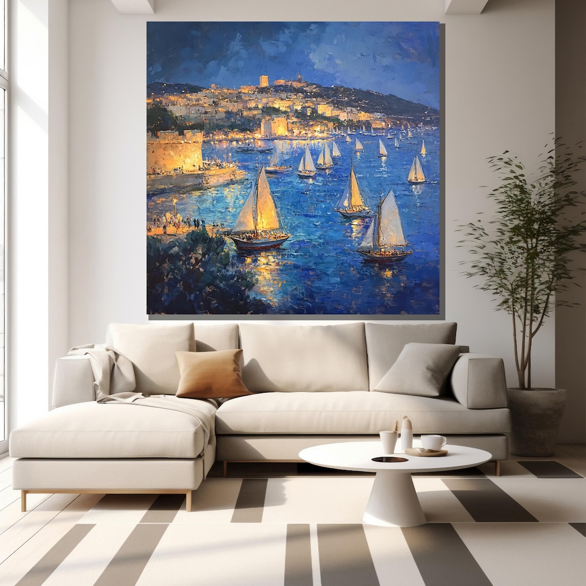 Mediterranean Sailboats Night Coastal Town Lights Harbor Sail Poster - Image 2