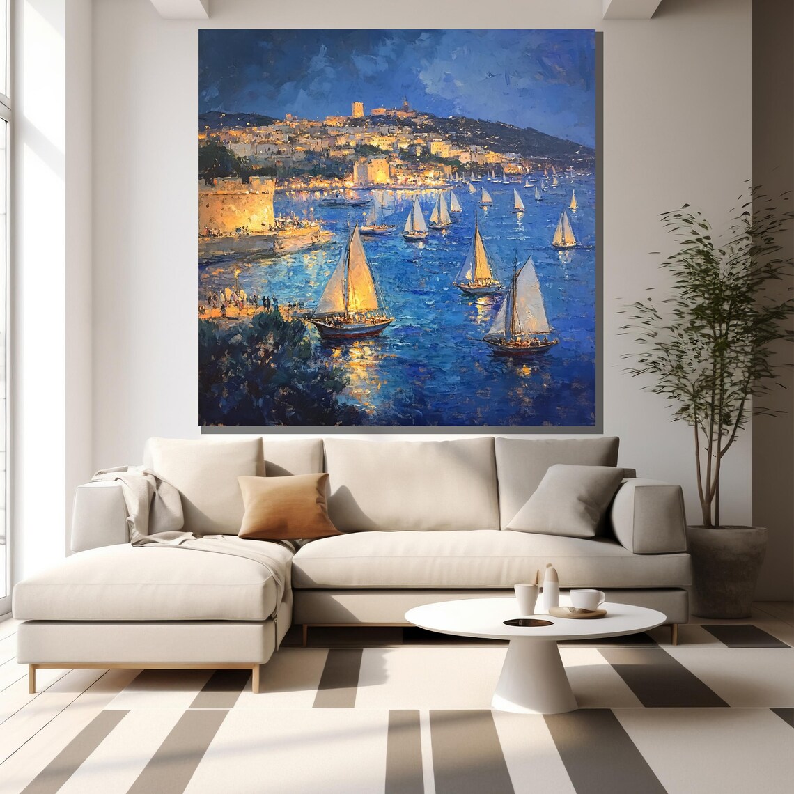 Sailing Boats In Mediterranean Night Painting Coastal Wall Art For Nautical Home Decor - Image 2