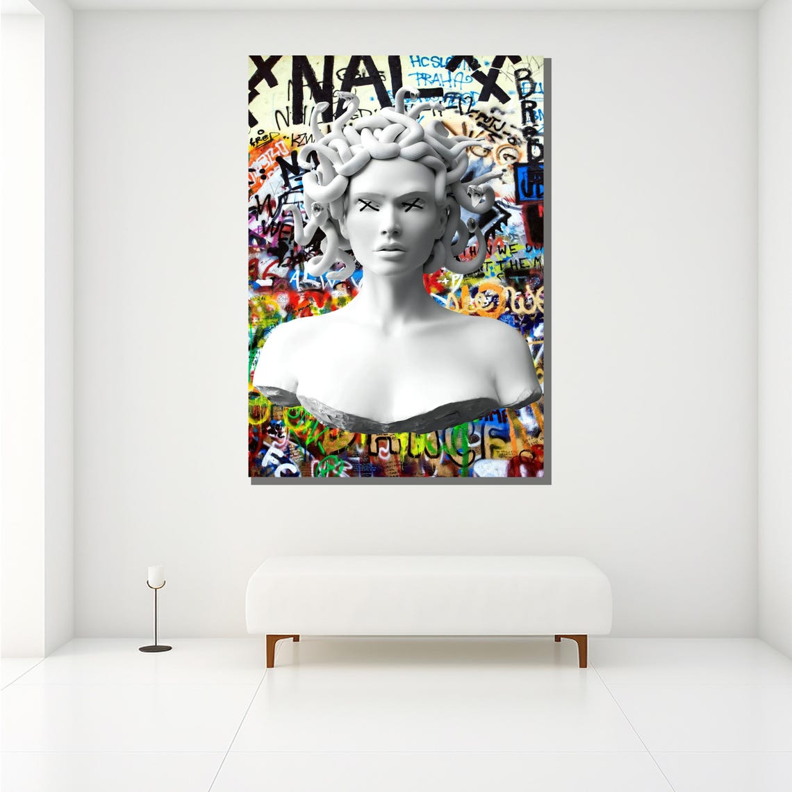 White Medusa Bust Statue Against Colorful Graffiti Wall Art Poster - Image 2