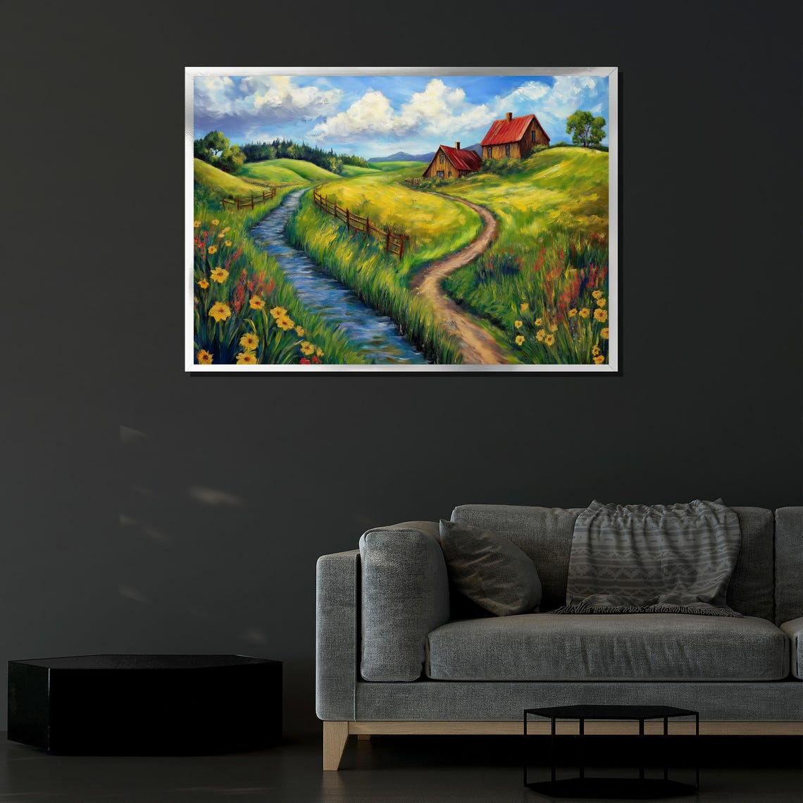 Countryside Farmhouse With Stream And Wildflowers Scenic Art Poster - Image 4