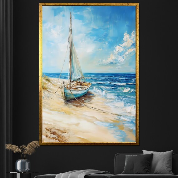 Beach Sailboat Painting Coastal Wall Art For Living Room Decor Nautical Gift For Ocean Lovers
