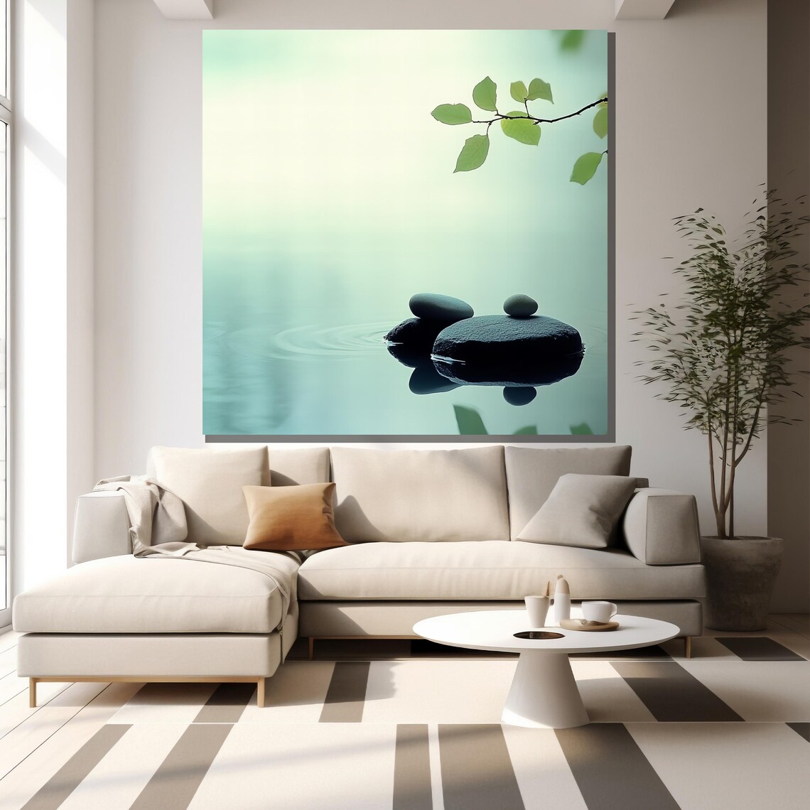 Minimalist Zen Stones Calm Water Green Branch Serene Nature Wall Poster - Image 2