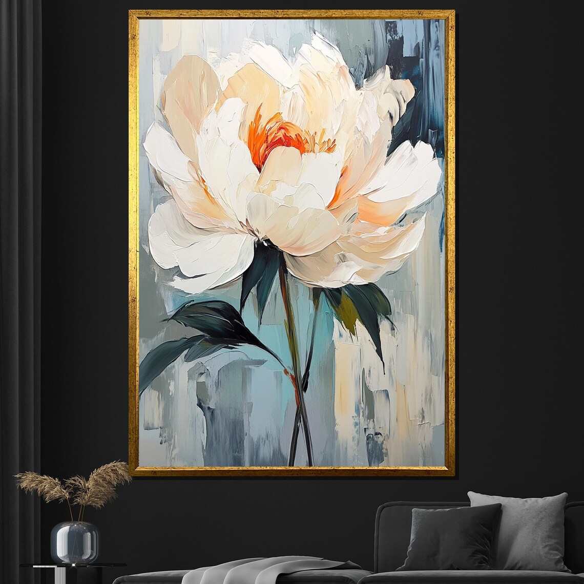 Textured White Peony Painting Blue Gray Abstract Background Art Poster