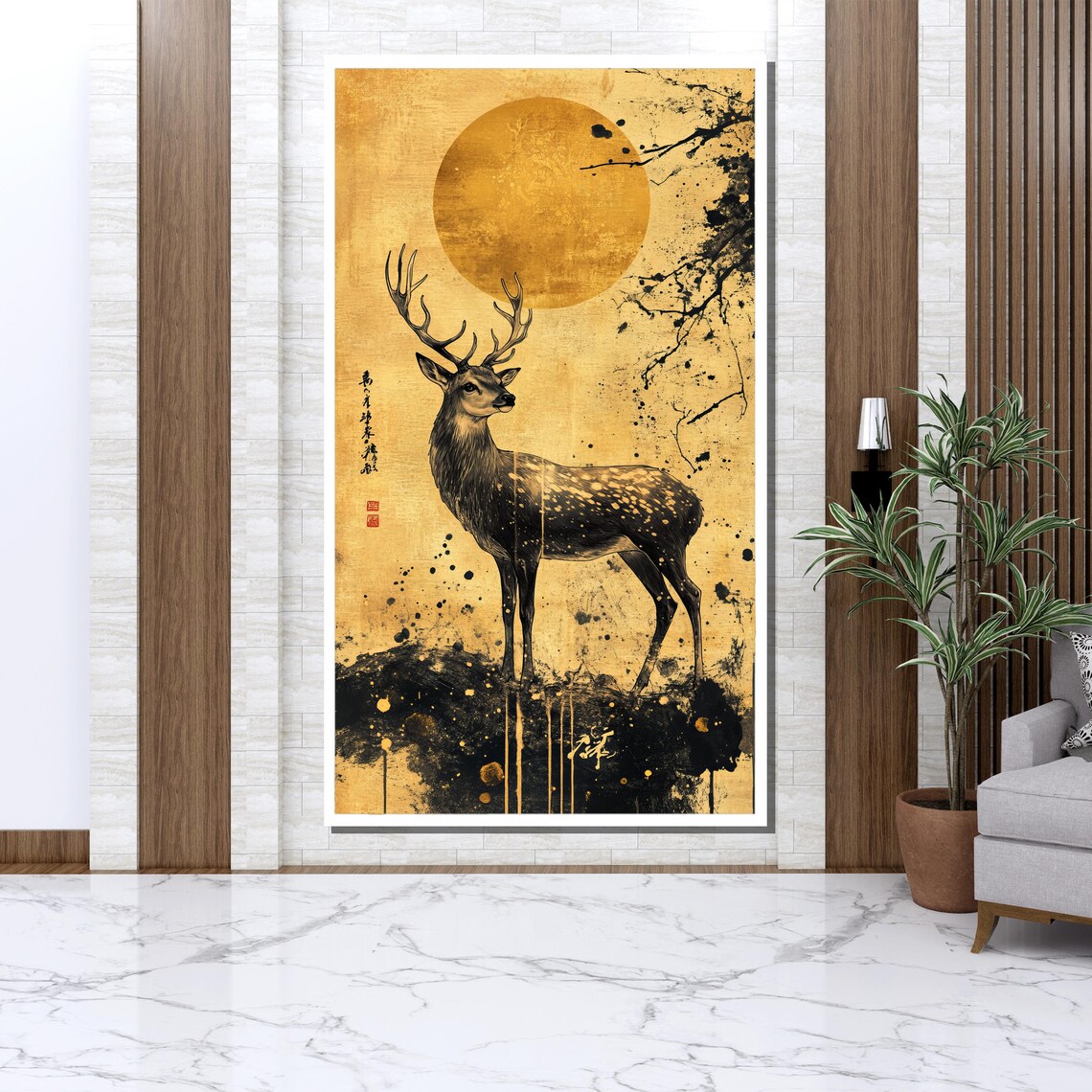 Japanese Ink Deer Golden Moon Sumi Style Elegant Wildlife Art Poster - Image 3