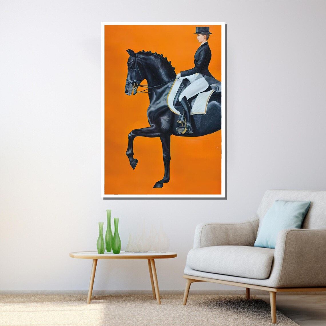 Elegant Equestrian Dressage Black Horse Rider Orange Wall Art Poster - Image 3