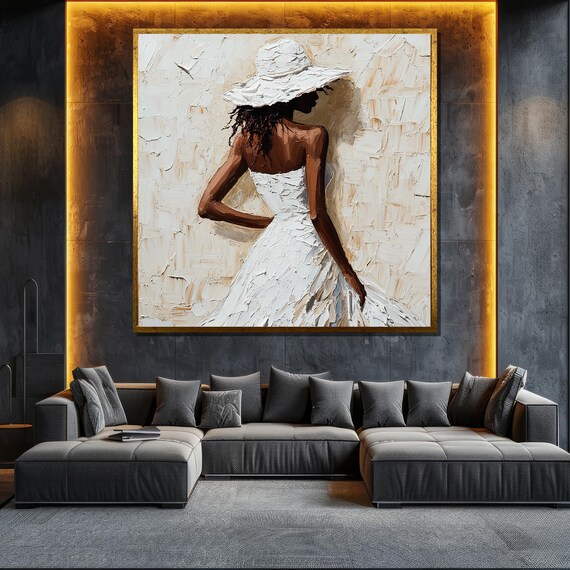 Elegant Woman in White Hat Textured Impasto Abstract Canvas Wall Art