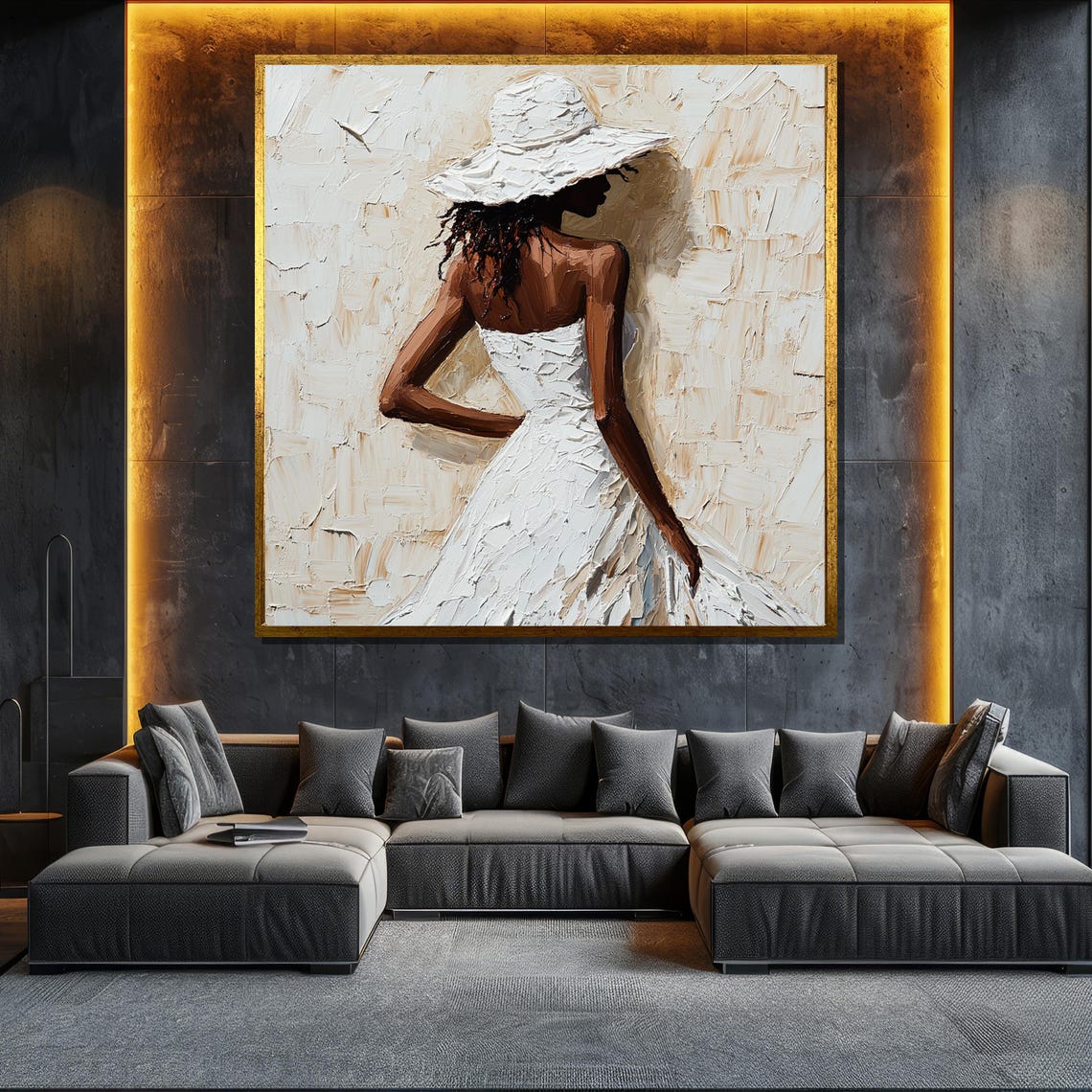 Elegant Woman in White Hat Textured Impasto Abstract Canvas Wall Art