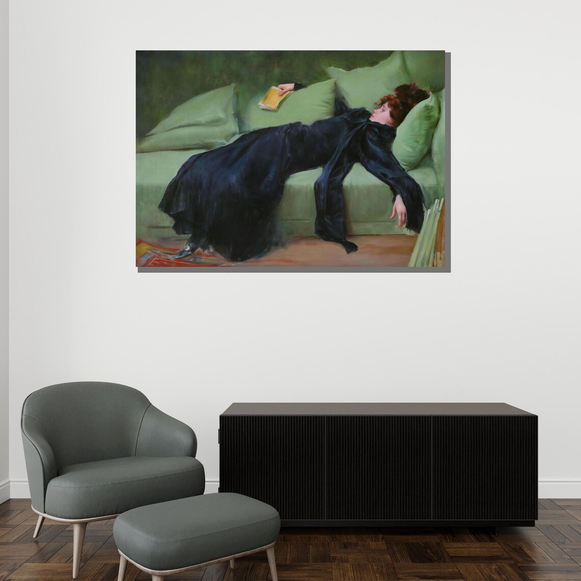 Ramon Casas Decadent Young Woman Reading On Green Sofa Poster - Image 2