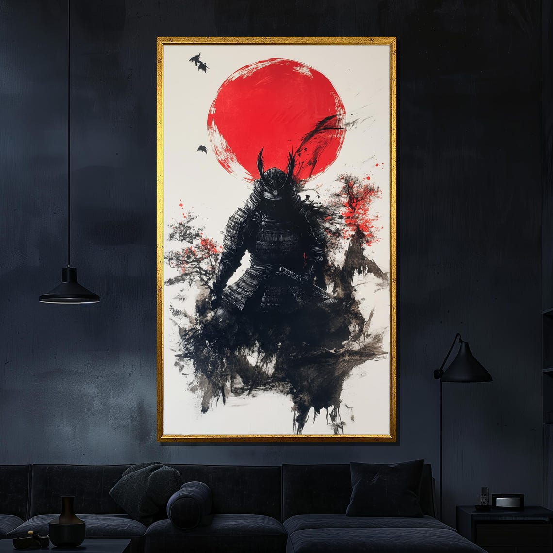 Samurai Warrior Armor Red Sun Japanese Ink Wash Painting Wall Art