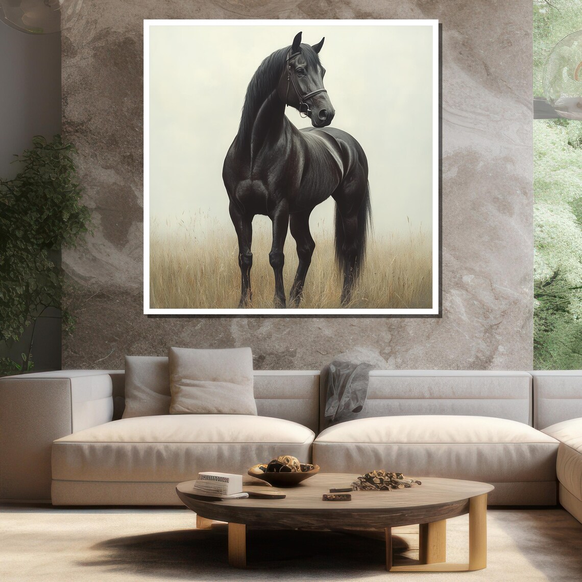 Majestic Black Horse Misty Golden Field Elegant Equine Art Poster - Image 3