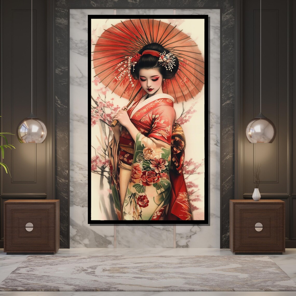 Traditional Geisha Red Kimono Parasol Cherry Blossom Japanese Wall Art - Image 5