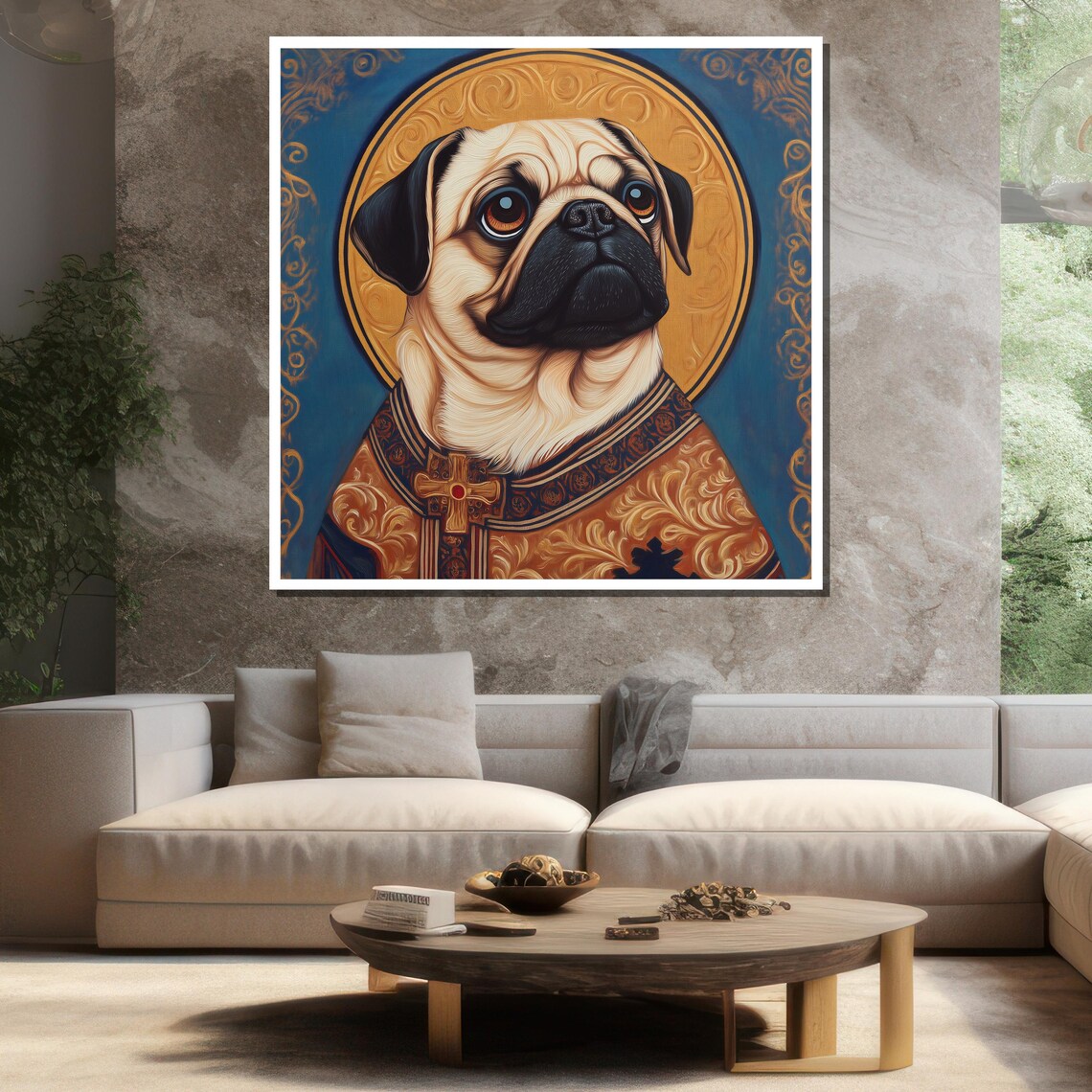 Pug Royal Portrait Golden Halo Whimsical Dog King Icon Wall Art - Image 3