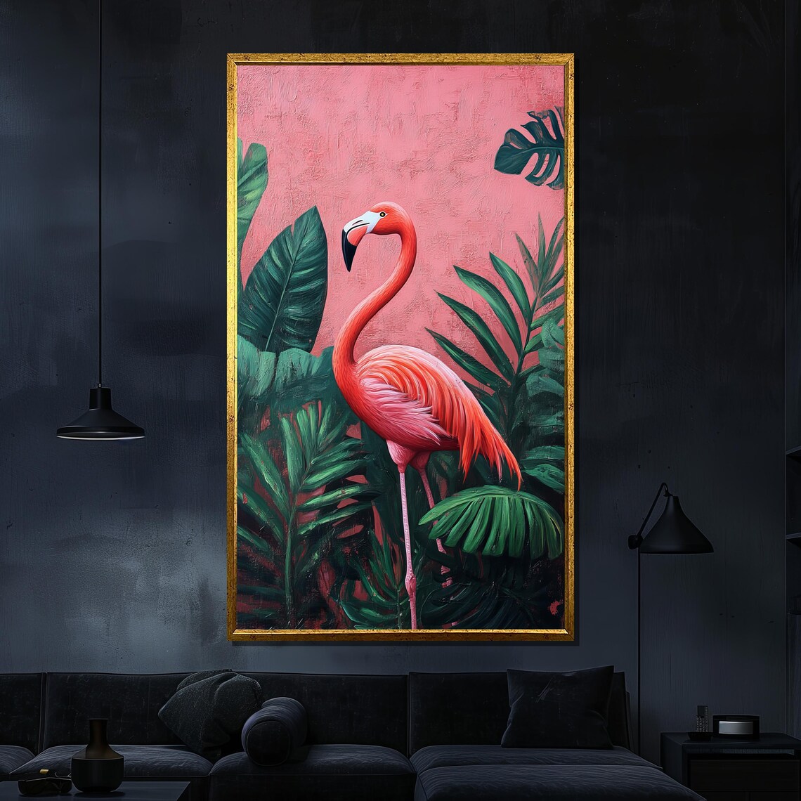 Pink Flamingo Tropical Palm Leaves Modern Bird Jungle Scene Poster