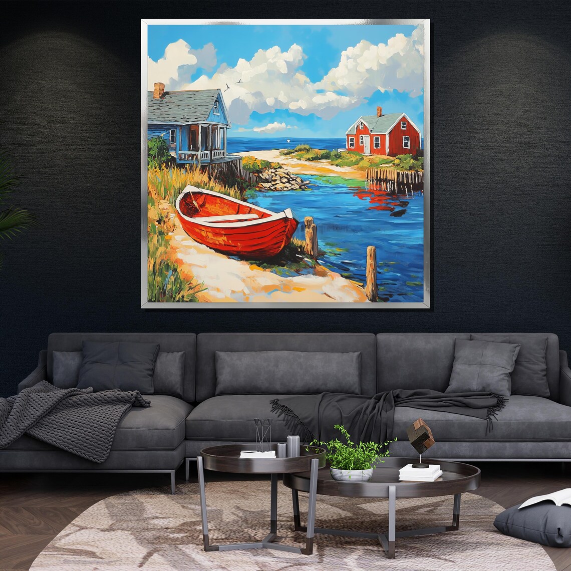 Rustic Coastal Painting Red Boat And Seaside Cottages Wall Art Nautical Landscape Gift For Home Decor - Image 4