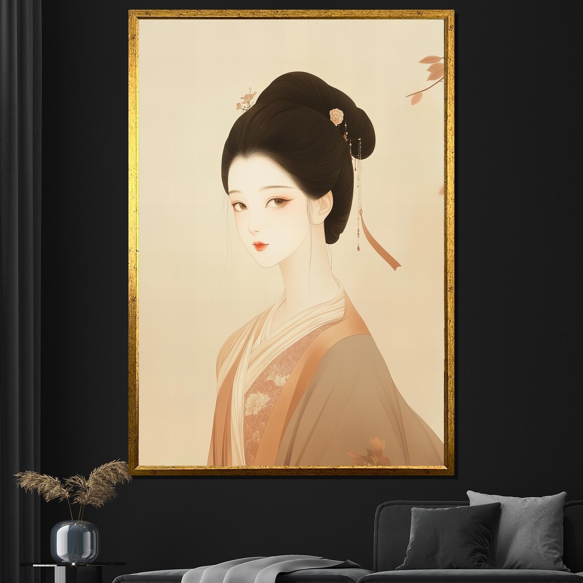 Minimalist Japanese Woman Portrait Soft Beige Kimono Elegant Wall Art