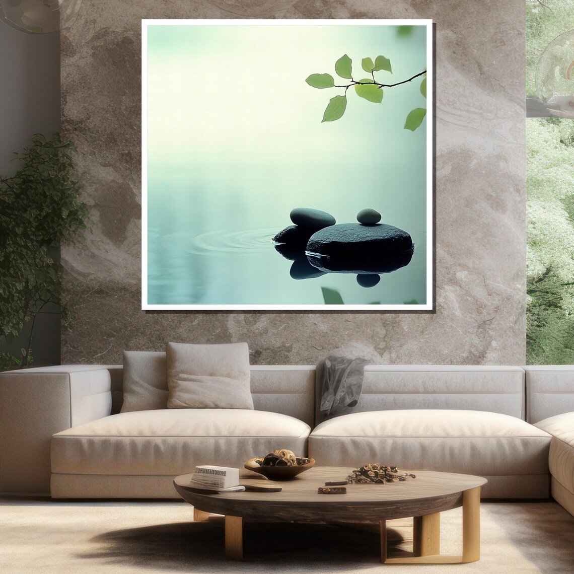 Minimalist Zen Stones Calm Water Green Branch Serene Nature Wall Poster - Image 3