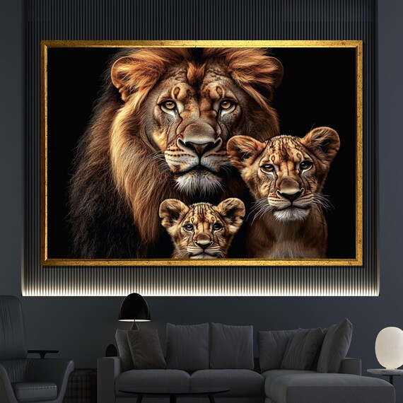 Lion Family Portrait Father Mother Cub Painting Wildlife Nature King Wall Art Poster