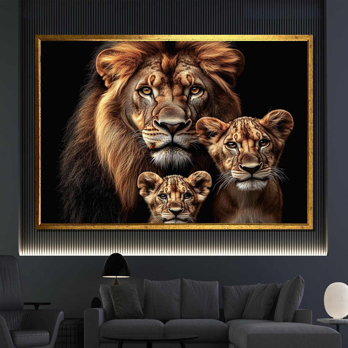 Lion Family Portrait Father Mother Cub Painting Wildlife Nature King Wall Art Poster