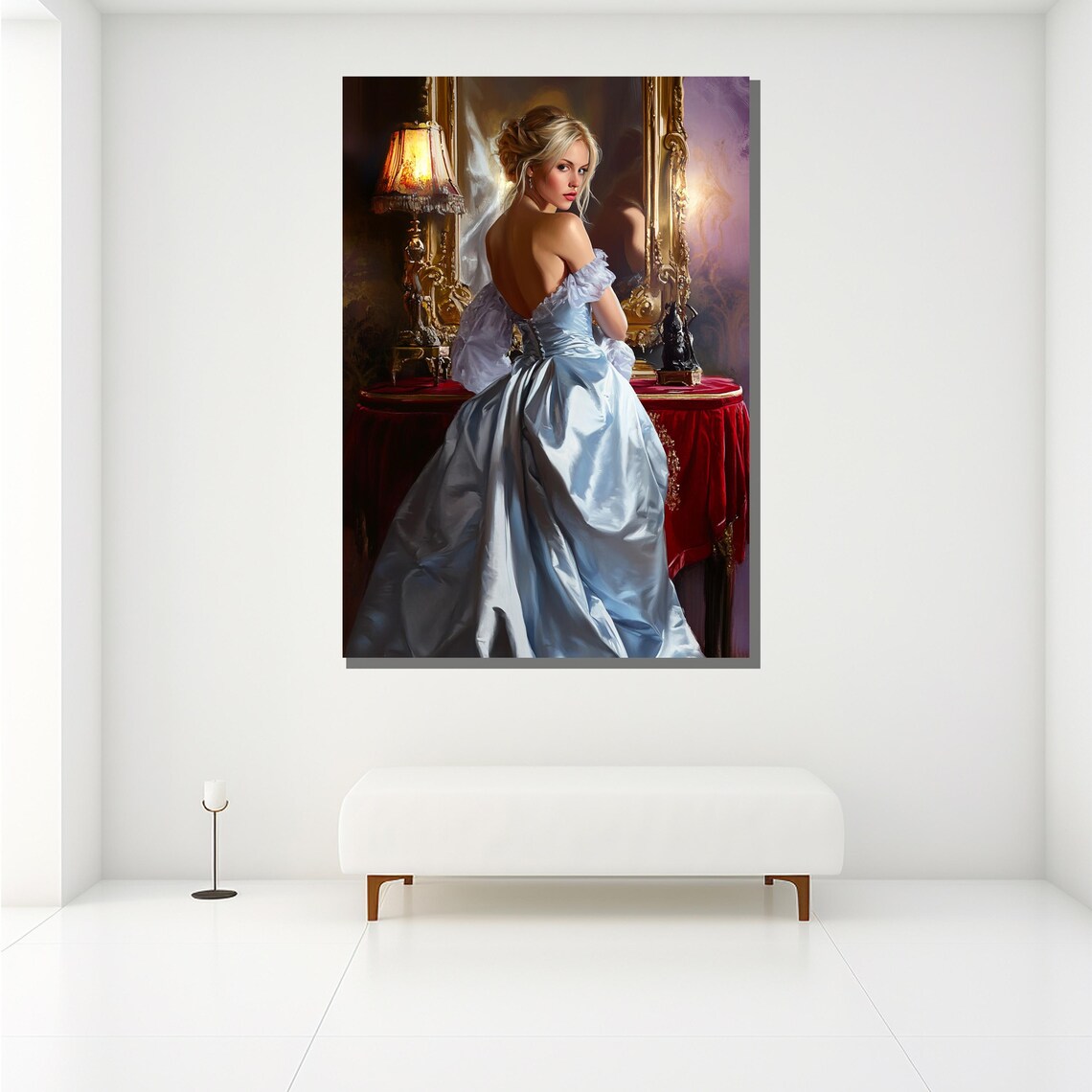 Vintage Elegance Blue Satin Gown Woman Classic Oil Painting Wall Poster - Image 2