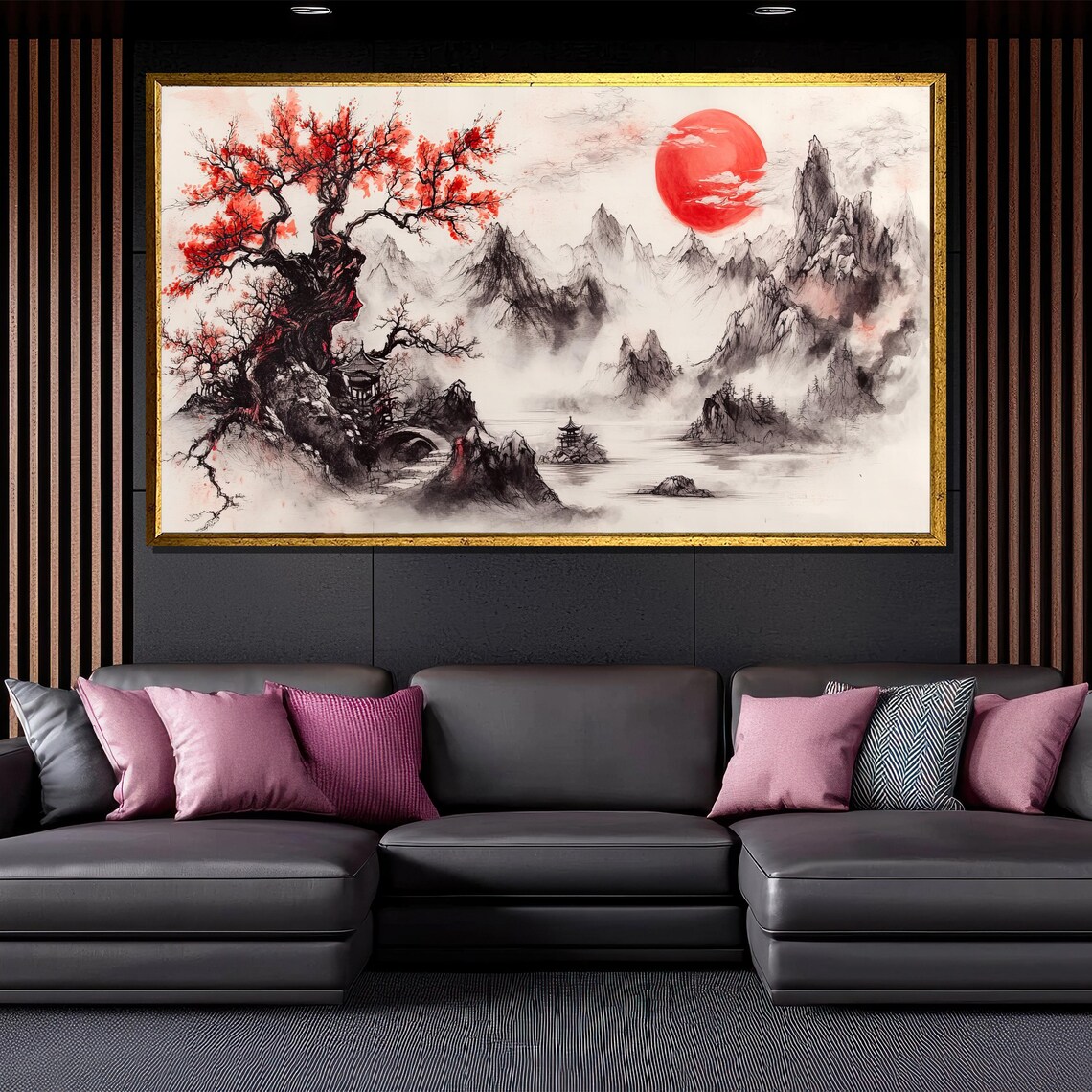 Japanese Ink Landscape Red Sun Misty Mountains Pagoda Art Poster