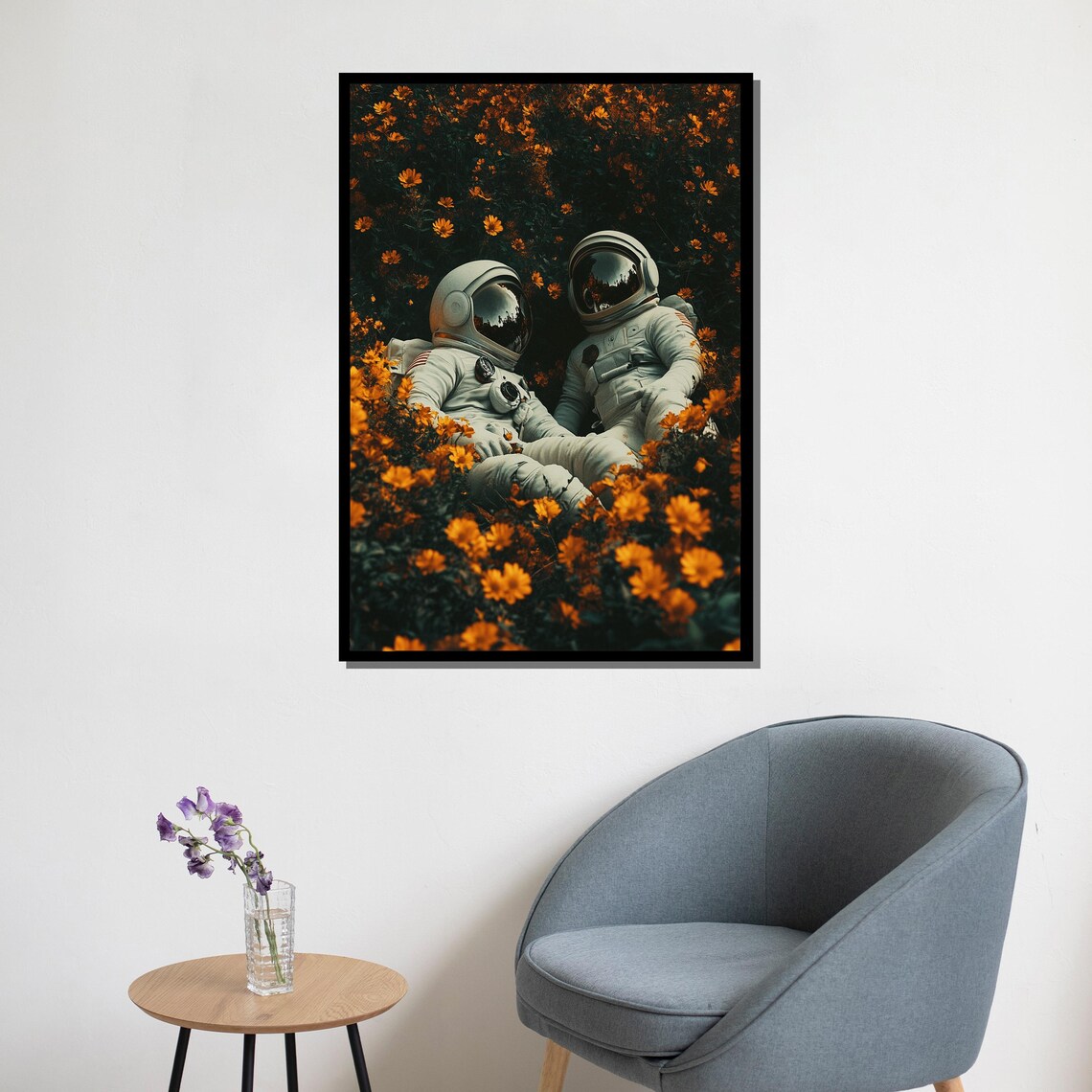 Two Astronauts Resting Together In A Field Of Orange Flowers Poster - Image 5