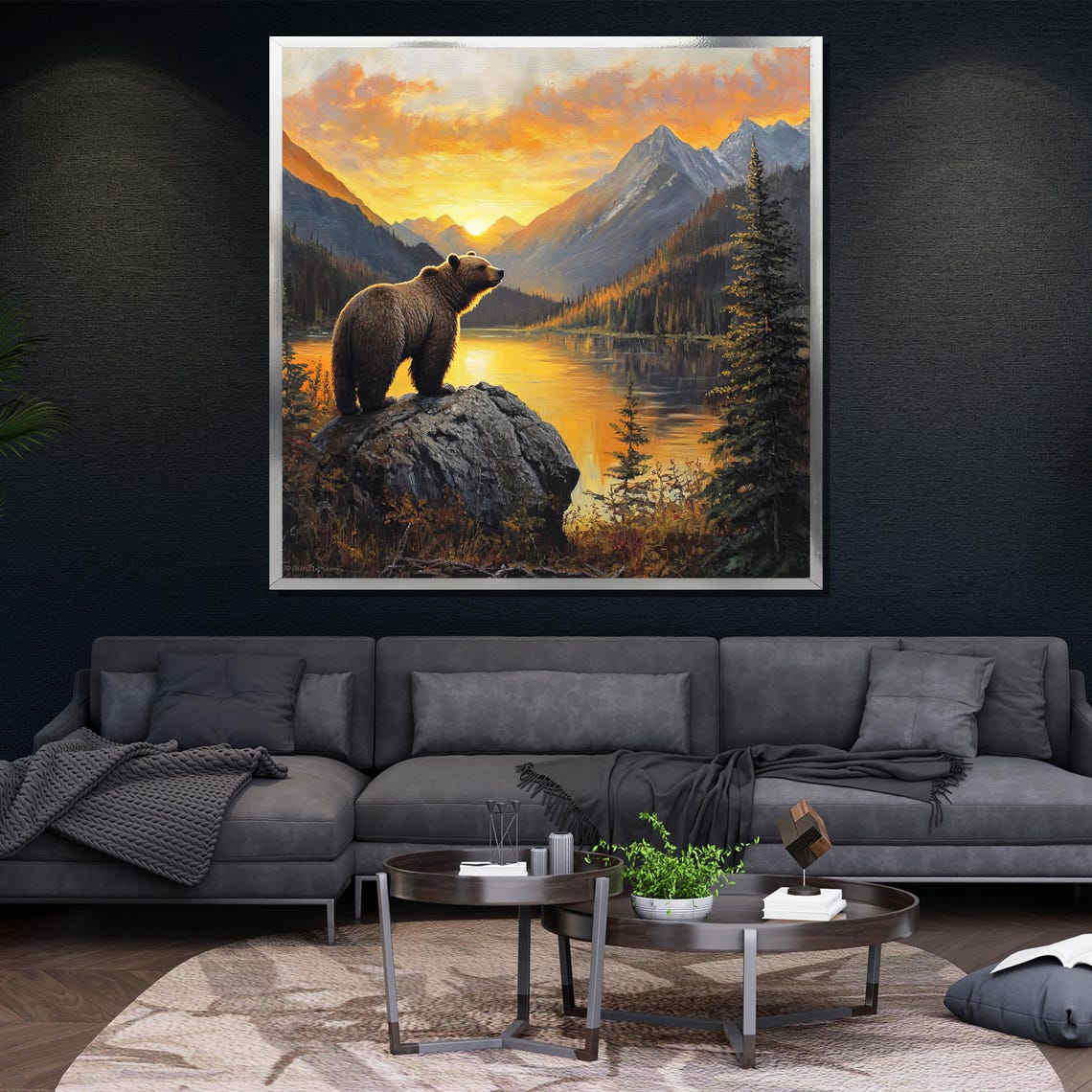 Grizzly Bear On Rock Mountain Lake Sunset Pine Forest Wildlife Poster - Image 4