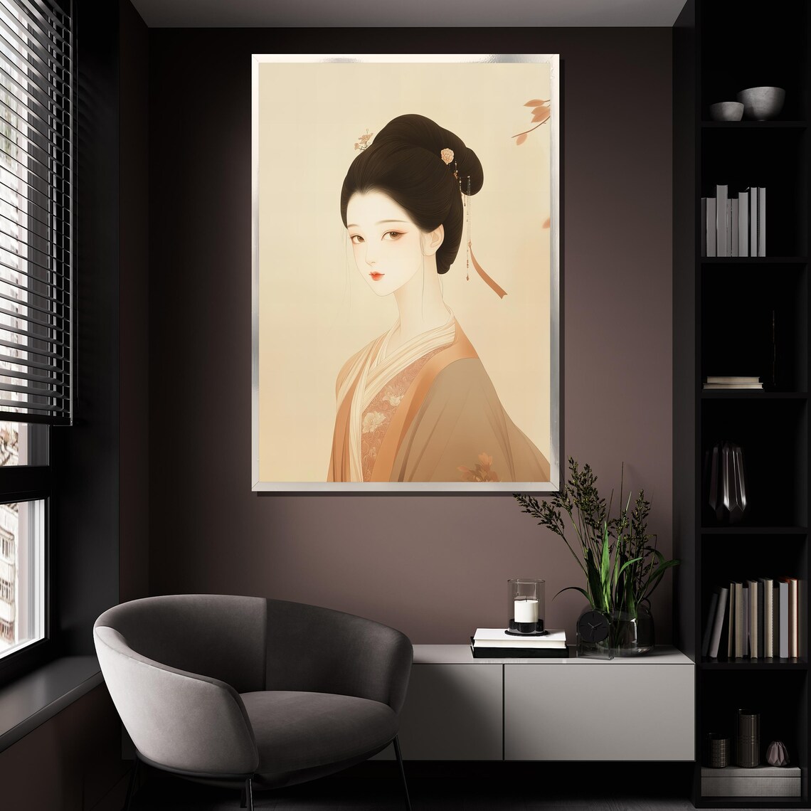 Minimalist Japanese Woman Portrait Soft Beige Kimono Elegant Wall Art - Image 4