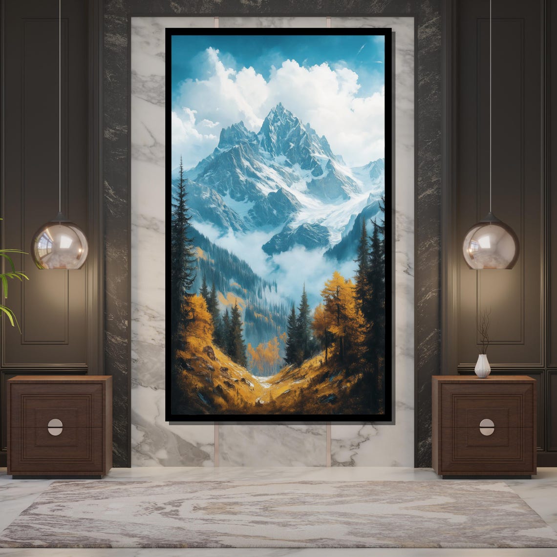 Dramatic Snowy Peak Clouds Golden Autumn Forest Mountain Poster - Image 5