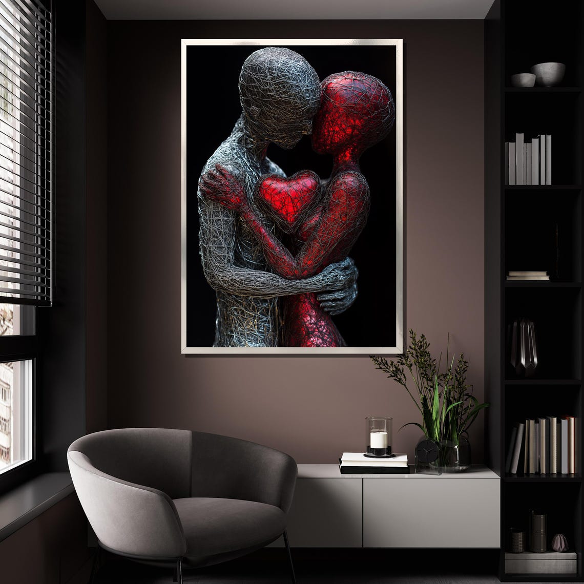 Abstract Wire Sculpture Couple Embrace Glowing Red Heart Wall Poster - Image 4