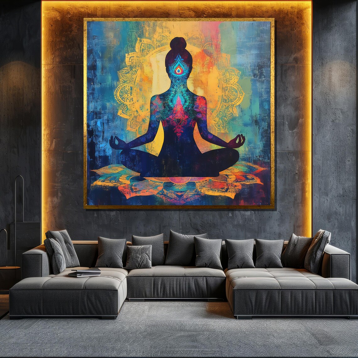 Meditating Woman Chakra Mandala Silhouette Vibrant Blue Orange Art Poster