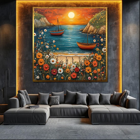 Sunset Beach Floral Painting Coastal Wall Art With Boats And Flowers For Living Room Decor Nautical Gift
