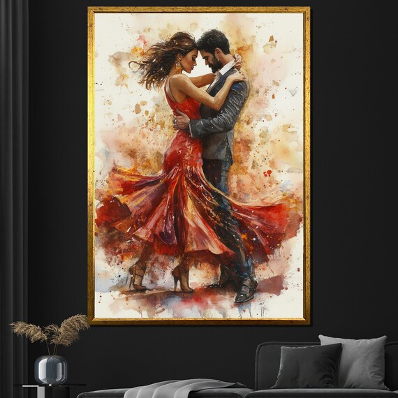 Watercolor Dancing Couple Romantic Red Dress Splash Passion Art Poster