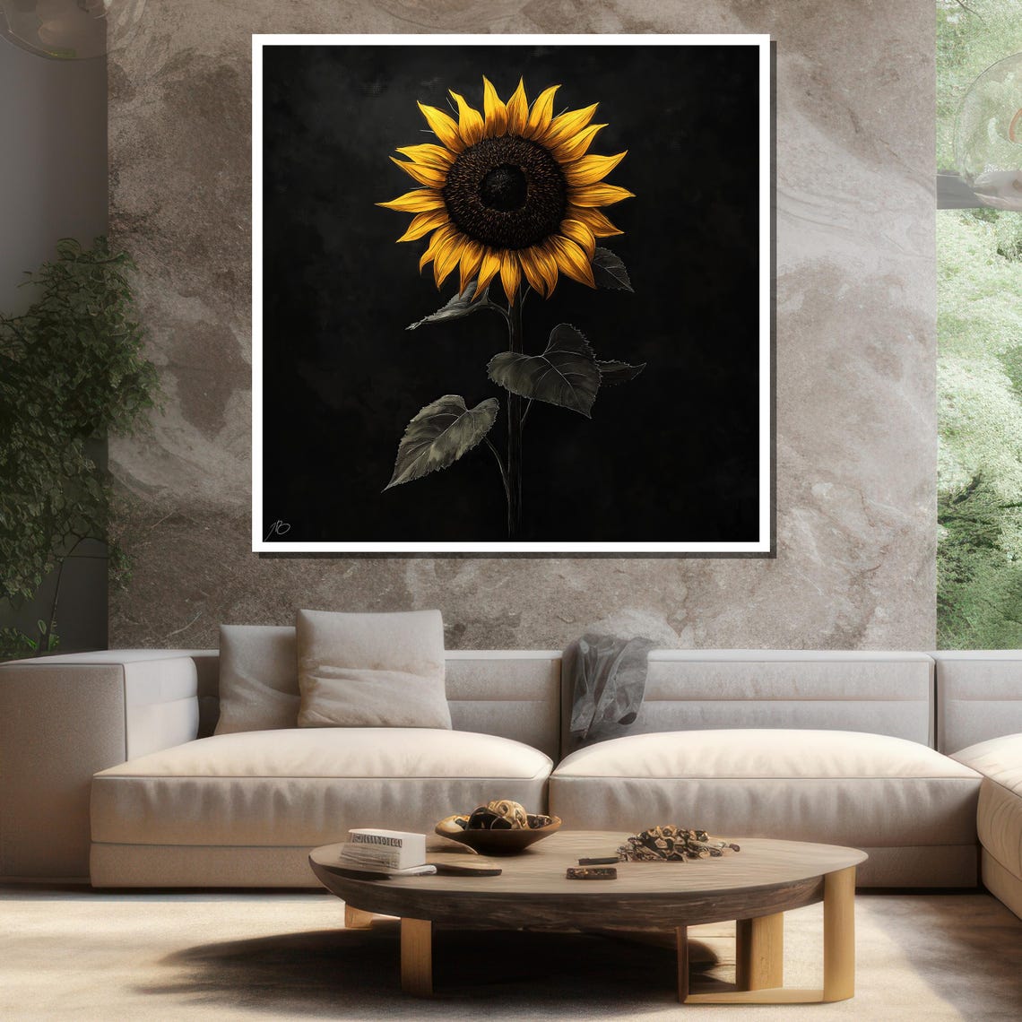 Tall Sunflower On Black Background Dramatic Modern Floral Art Print - Image 3