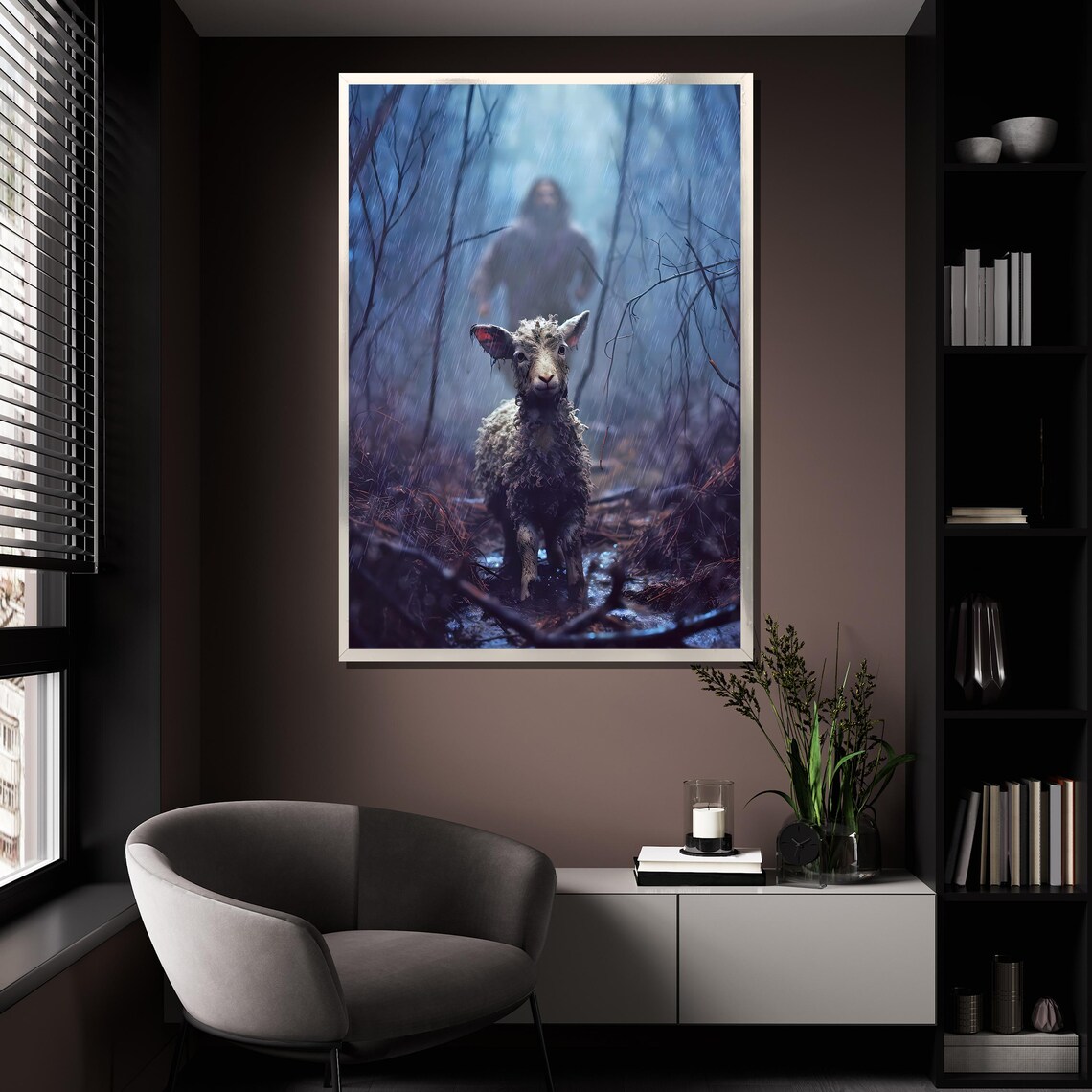 Jesus Finds Lost Lamb Rainy Forest Emotional Christian Art Wall Poster - Image 4