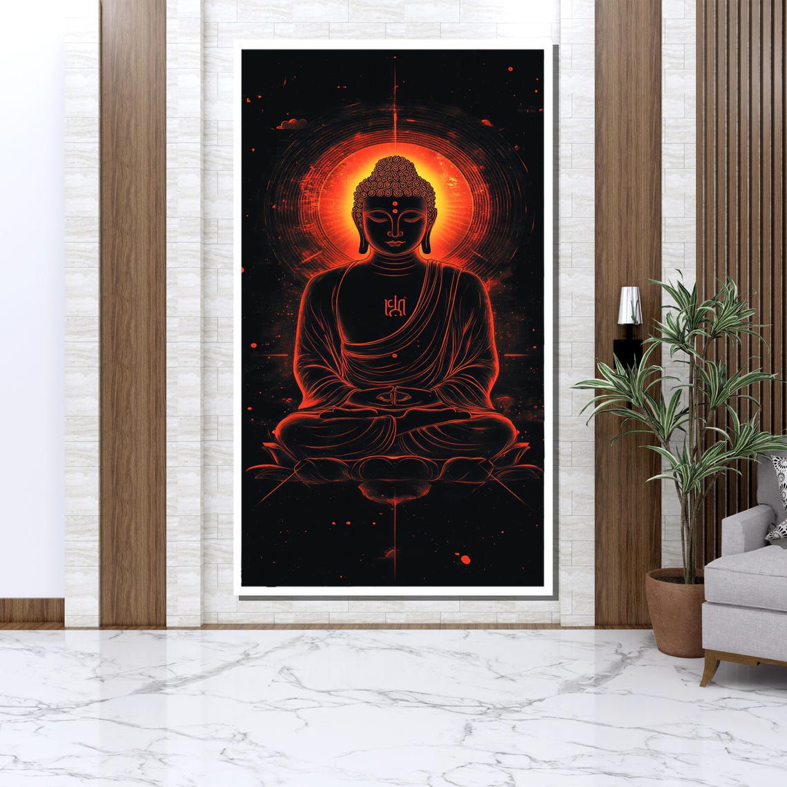 Glowing Red Neon Buddha Outline Halo Dramatic Modern Zen Art Poster - Image 3