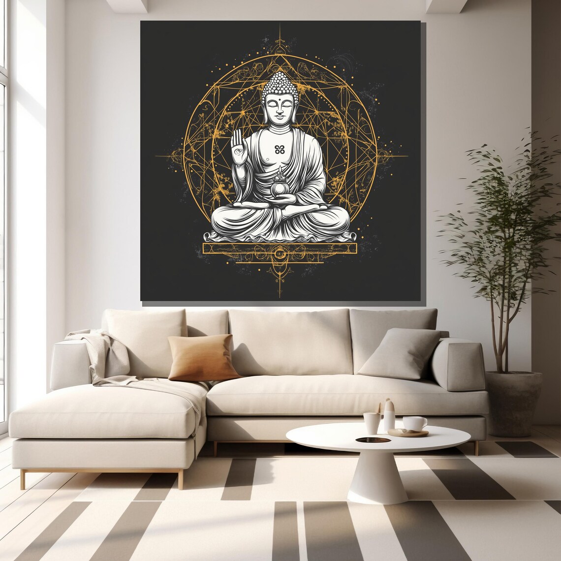 Buddha Blessing Geometric Gold Mandala Black Modern Spiritual Wall Poster - Image 2