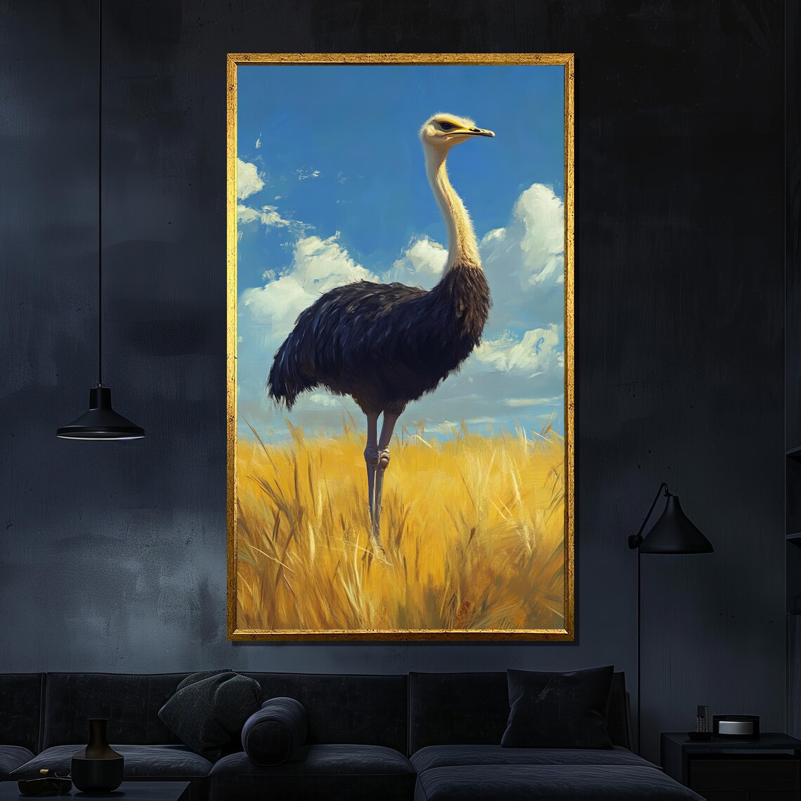 Ostrich Golden Wheat Field Tall Bird Blue Sky Savannah Wall Art