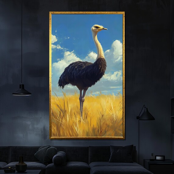 Ostrich Golden Wheat Field Tall Bird Blue Sky Savannah Wall Art