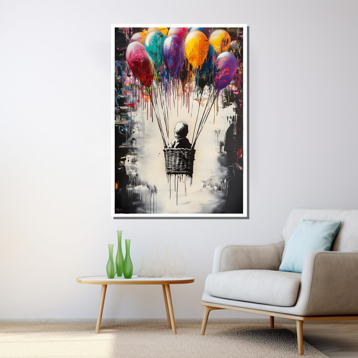 Child Basket Floating Colorful Dripping Balloons Whimsical Art Poster - Image 3