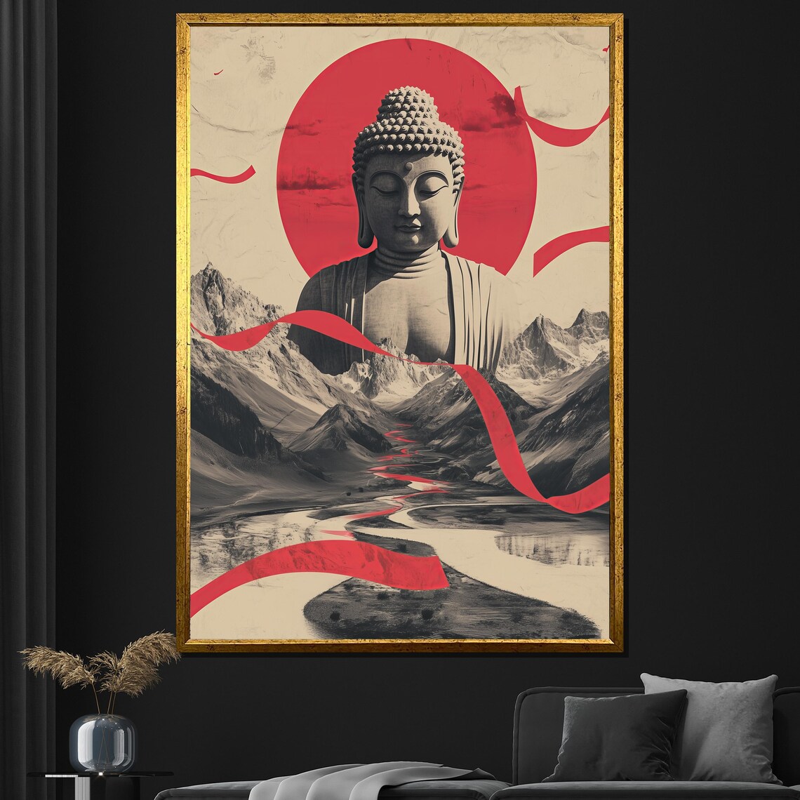 Japanese Buddha Red Sun Mountain Landscape Modern Zen Ink Style Poster