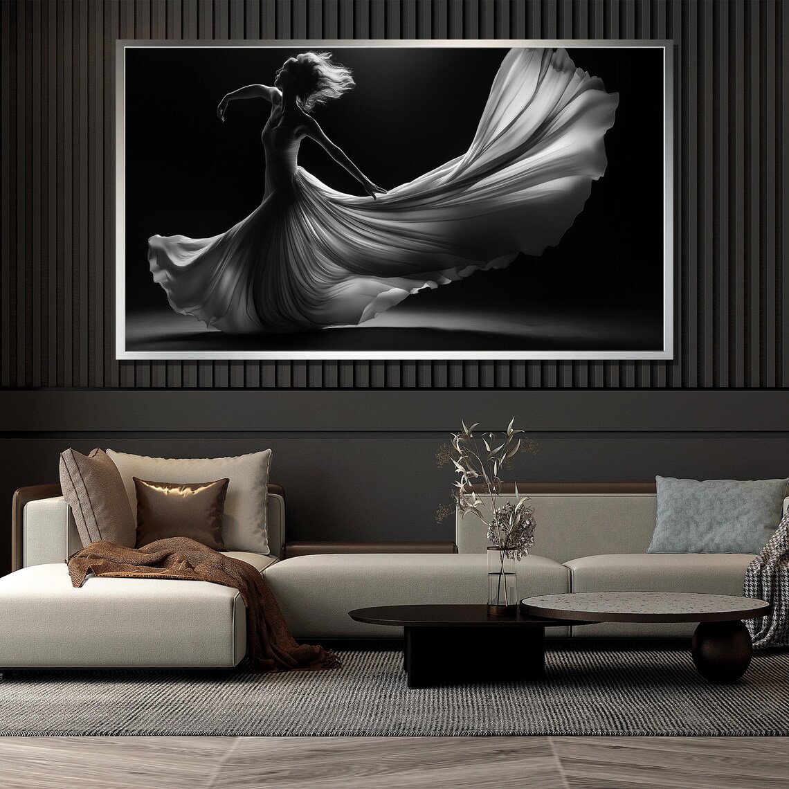 Woman Dancing In Flowing Gown Black And White Dramatic Art Poster - Image 4