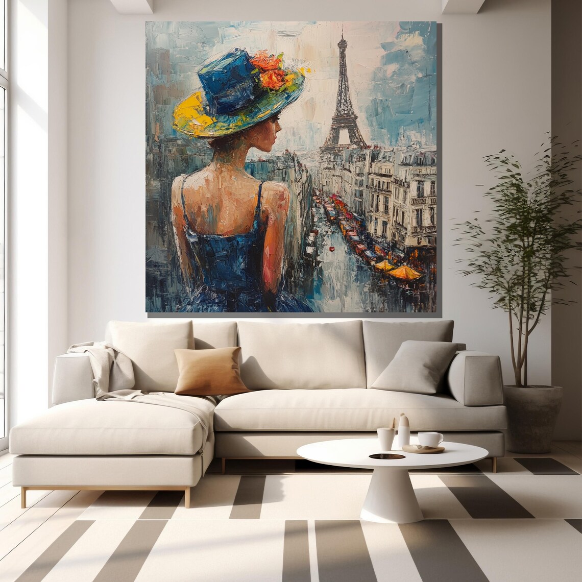 Elegant Woman Paris Eiffel Tower Street Blue Hat Floral Wall Poster - Image 2