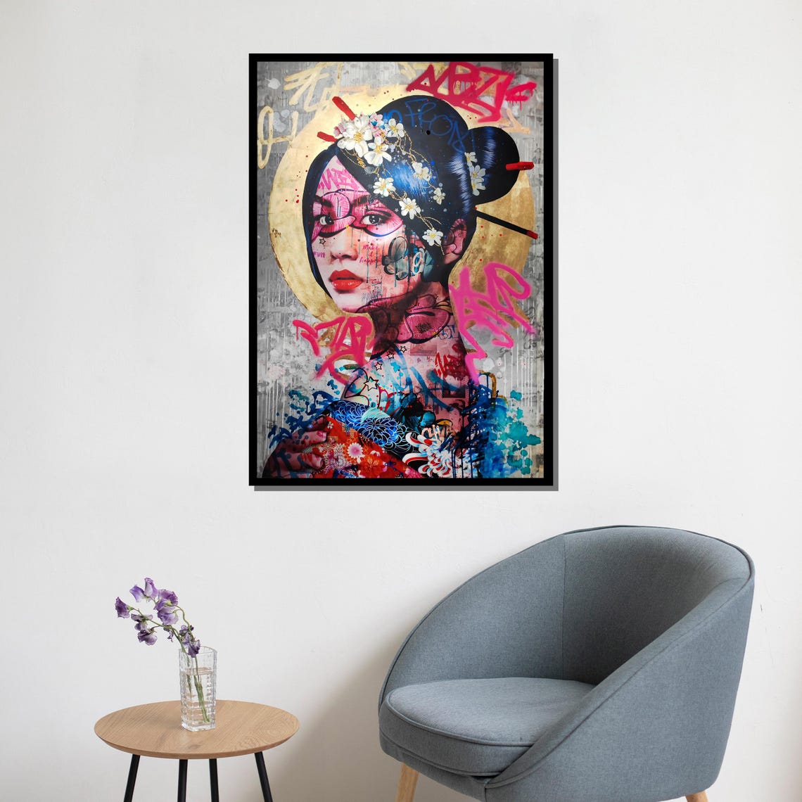 Graffiti Geisha Portrait With Cherry Blossoms Modern Art Wall Poster - Image 5