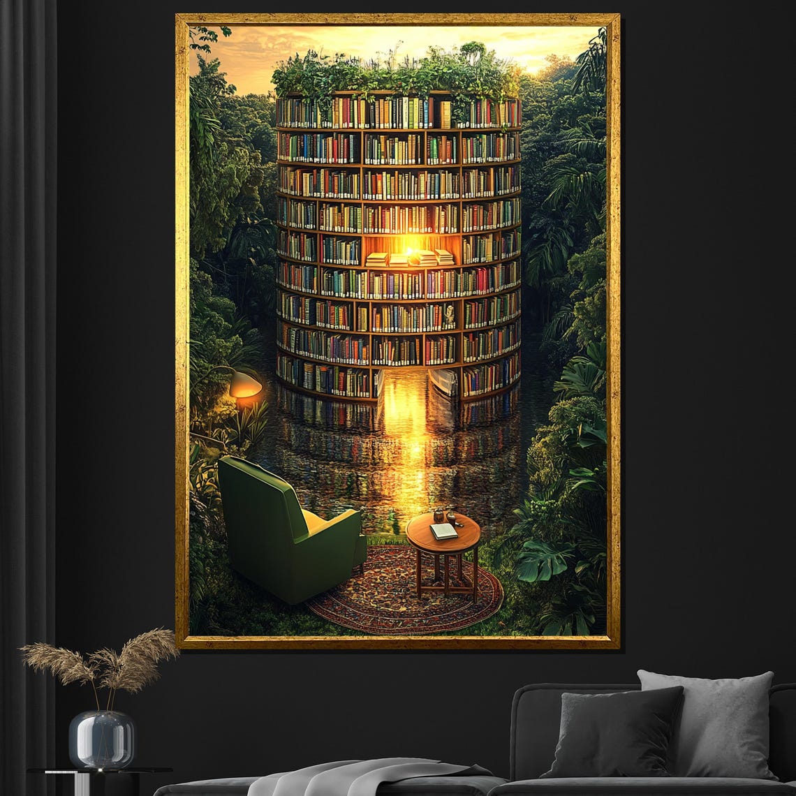 Surrealist Circular Library Tower In A Jungle Reading Nook Poster