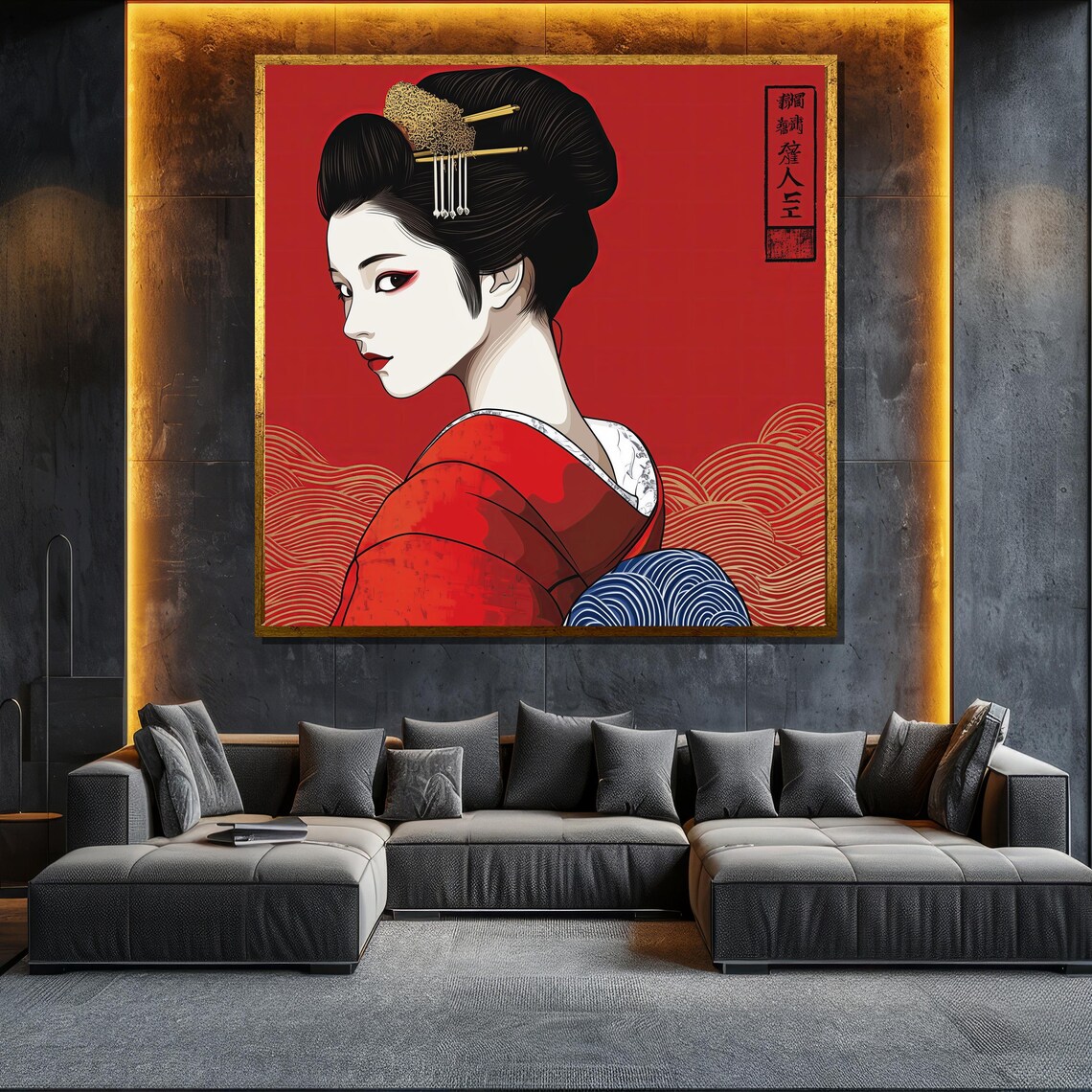 Red Geisha Portrait Traditional Japanese Graphic Style Art Poster