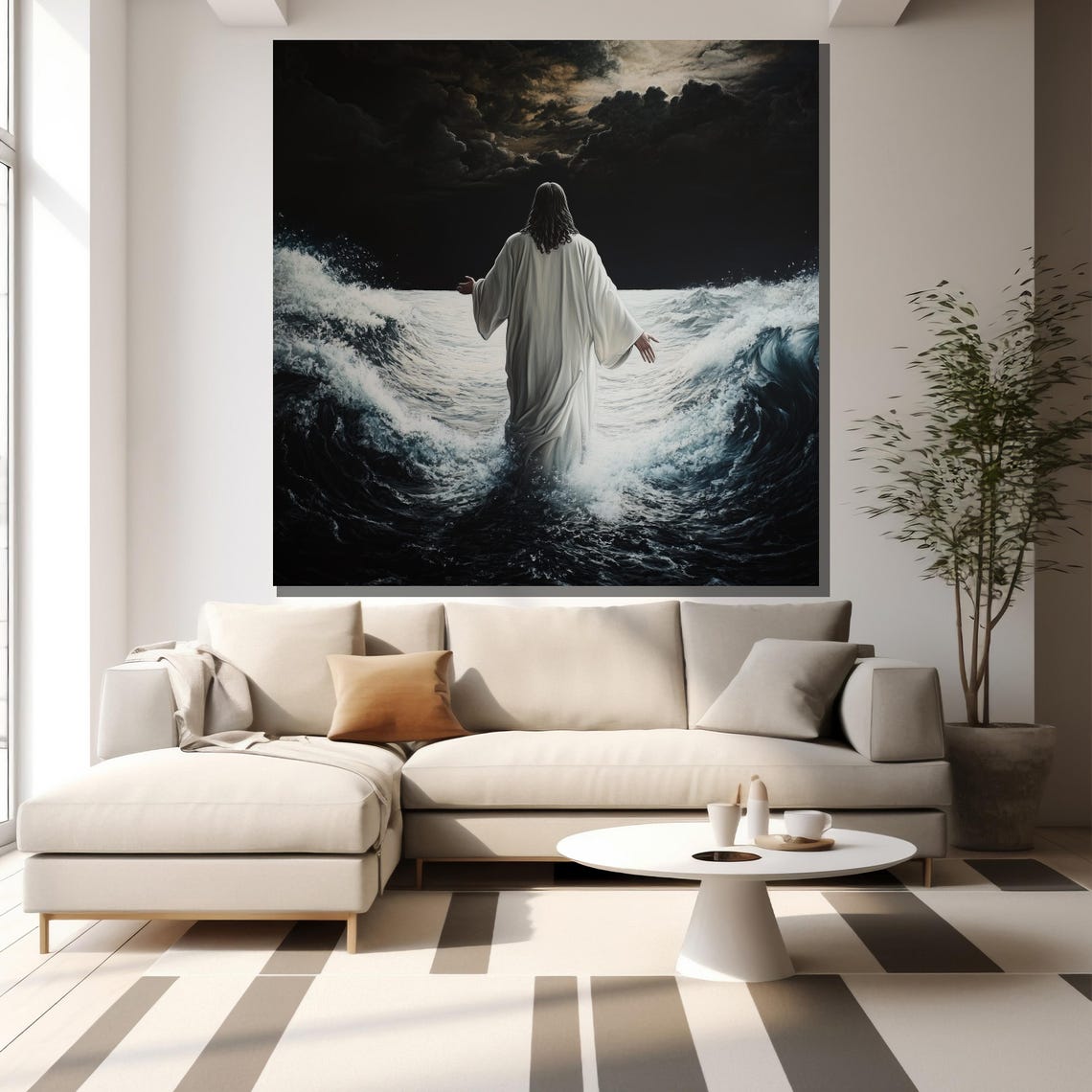 Jesus Walking On A Dark Stormy Sea At Night Religious Poster - Image 2