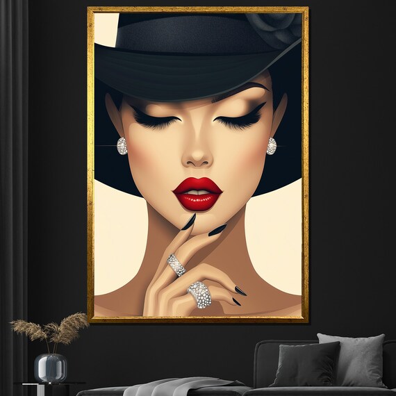Glamorous Woman Black Hat Red Lips Diamond Jewelry Fashion Wall Poster