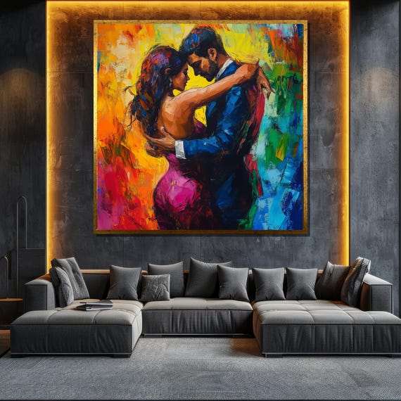 Colorful Dancing Couple Painting Romantic Wall Art For Living Room Abstract Textured Oil Painting Gift For Couples