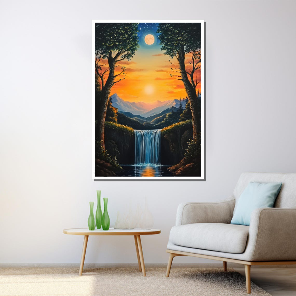 Sunset Waterfall Mountains Moonlit Sky Serene Nature Painting Poster - Image 3