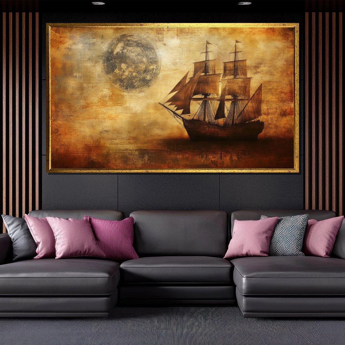 Vintage Ship Painting Nautical Wall Art With Full Moon For Living Room Decor Rustic Maritime Gift